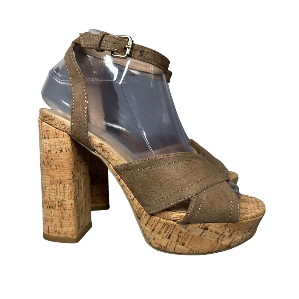 Wild Diva Lounge Platform Heels Womens Size 6.5 Ankle Strap Tan Faux Suede
